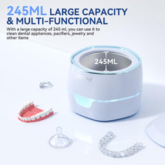Compact ultrasonic cleaner operating quietly at 40dB with 245ml pod