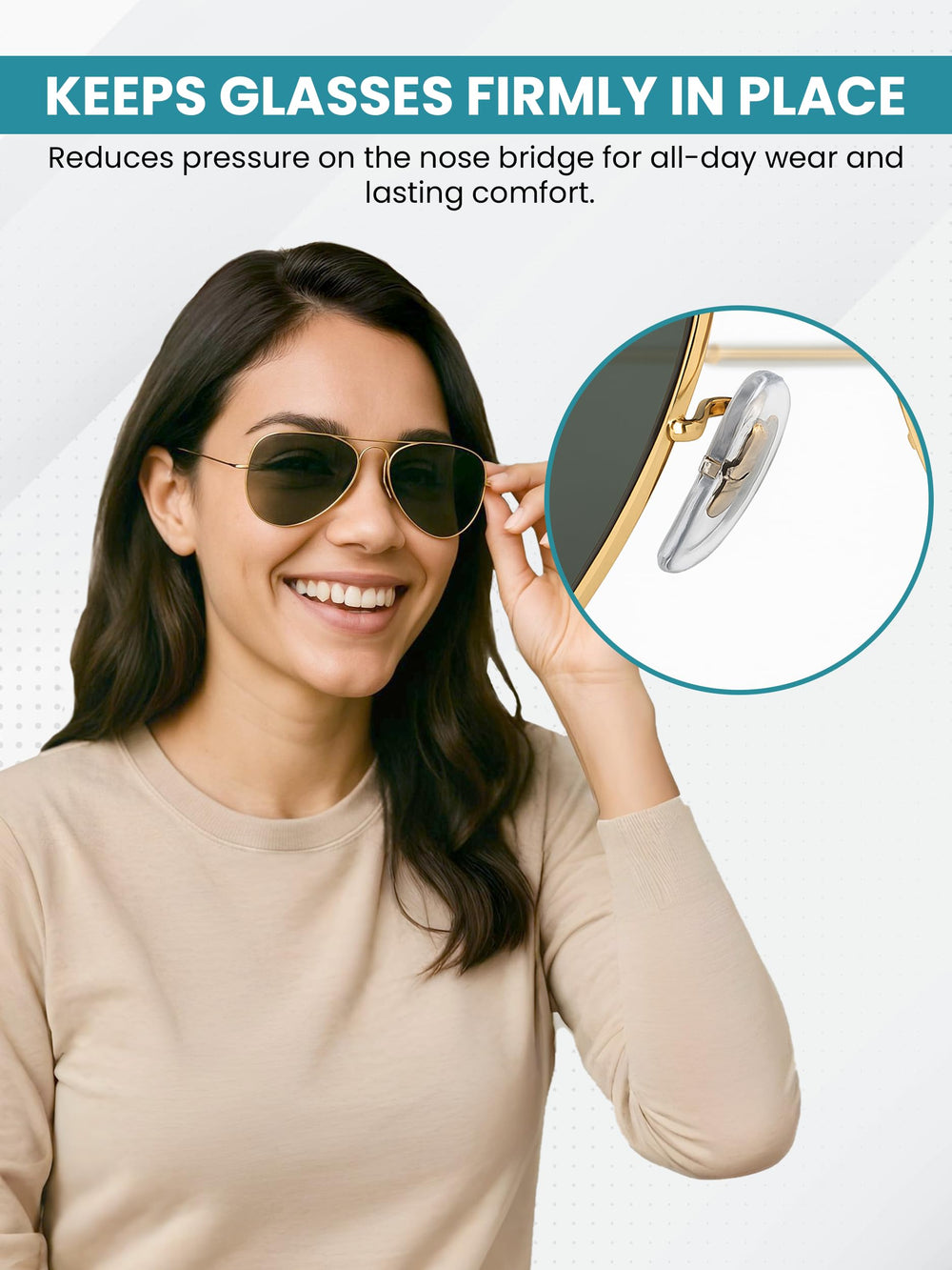 Nose pads compatible with metal, plastic, rimless, and designer frames