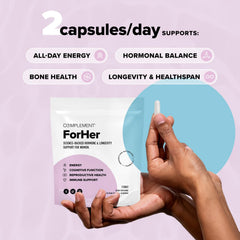 Complement ForHer tablet close-up highlighting plant-based texture and purity