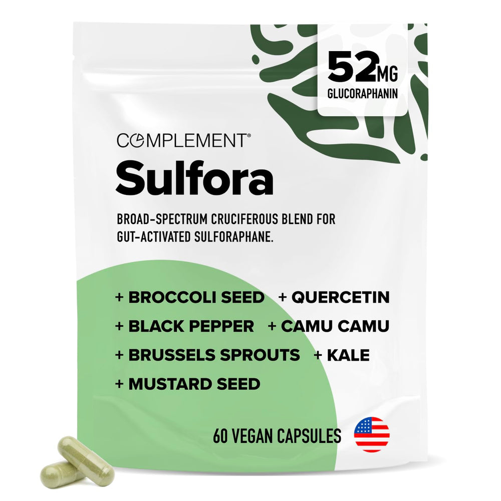 Complement Sulfora bottle with label highlighting sulforaphane and myrosinase