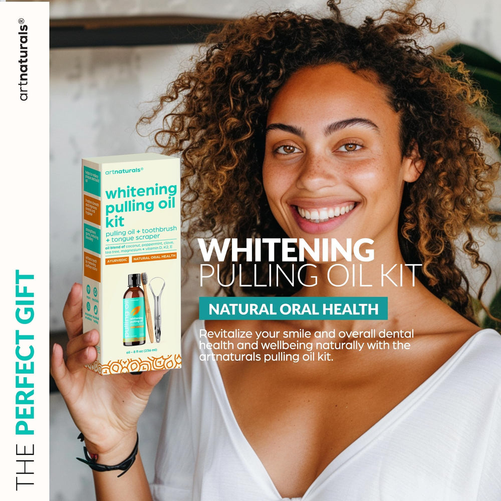 Complete oral care set with oil pulling mouthwash, toothbrush, and tongue scraper