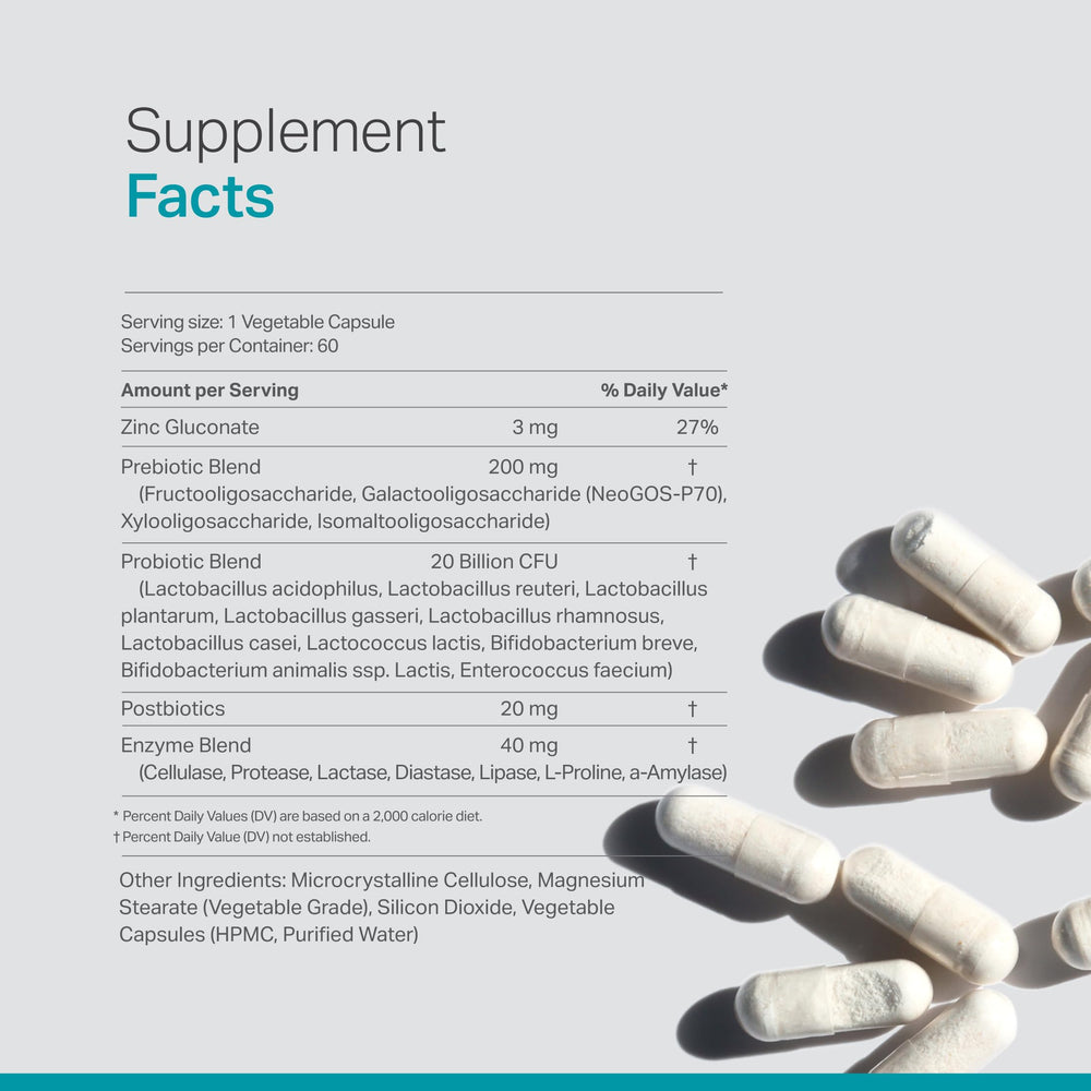 Close-up of label highlighting 5-in-1 digestive formula