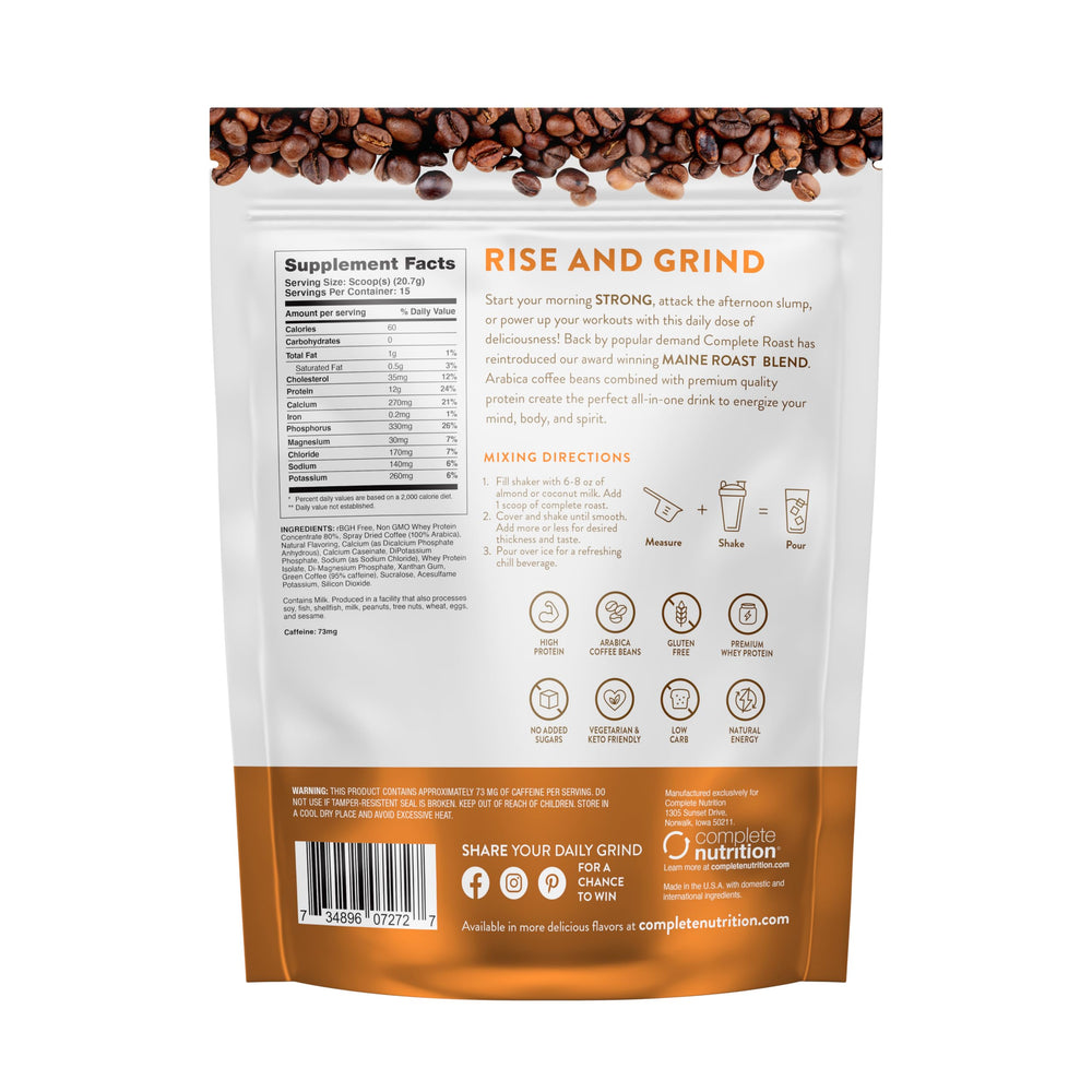 Complete Roast Caramel Frappe Protein Coffee packaging and premium whey protein