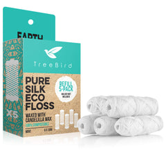 Five 33-yard spools of compostable silk floss in a kraft packaging box