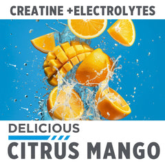 Serving scoop with Citrus Mango electrolyte powder and prepared drink
