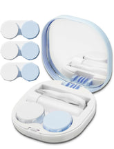 Blue portable contact lens case set showing 4-piece kit with applicator