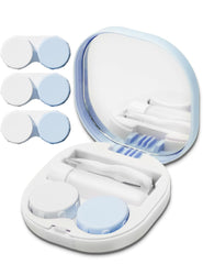 Blue portable contact lens case set showing 4-piece kit with applicator