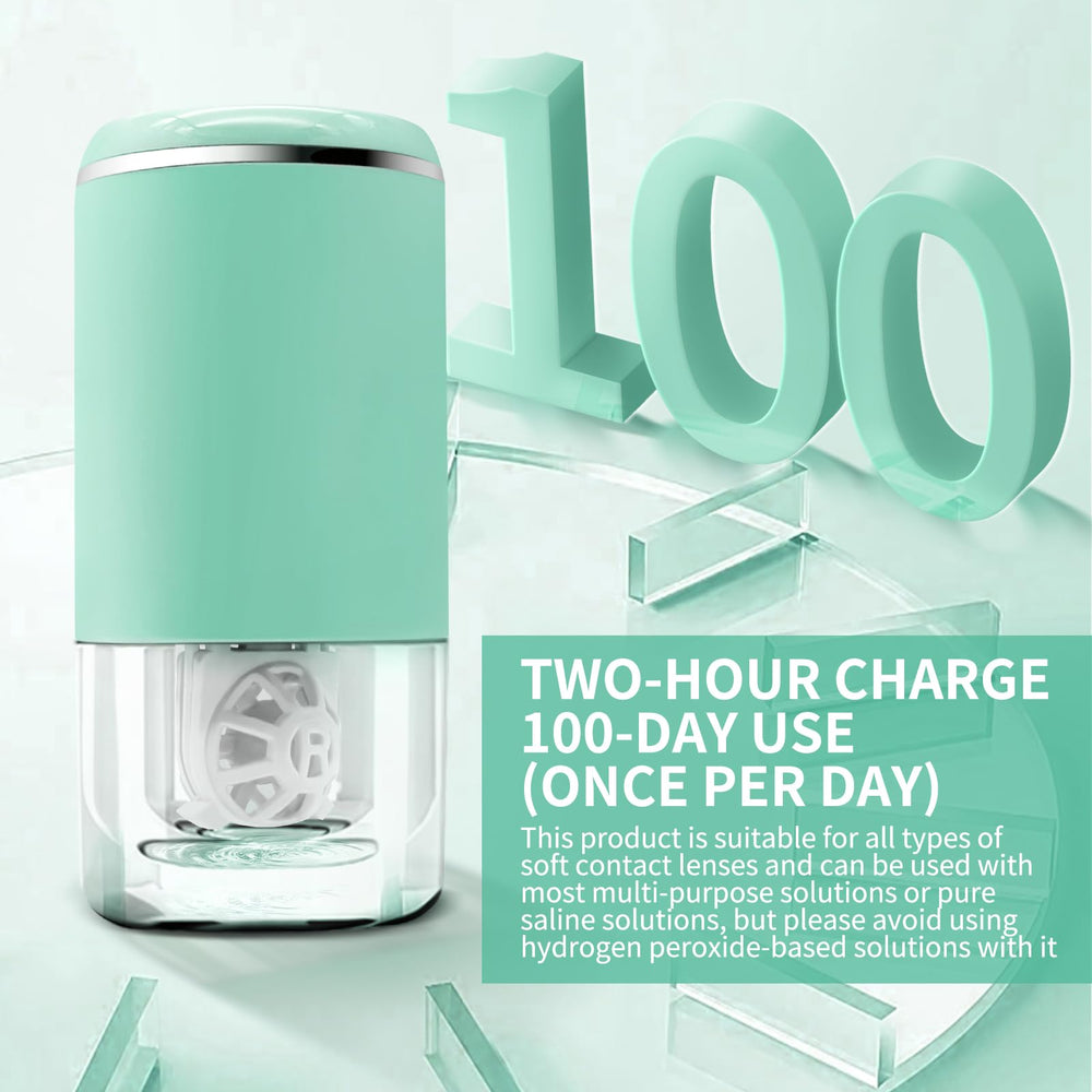 Palm-sized green contact lens cleaner with travel case