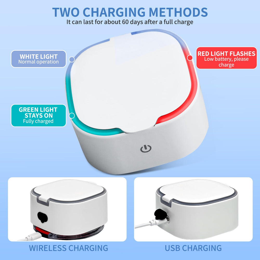 Complete kit contents: cleaner, charging pad, USB cable, tweezers, tool, manual