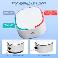 Complete kit contents: cleaner, charging pad, USB cable, tweezers, tool, manual