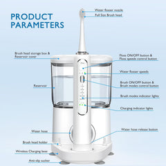 Package contents including toothbrush, charger, heads, reservoir, and manual