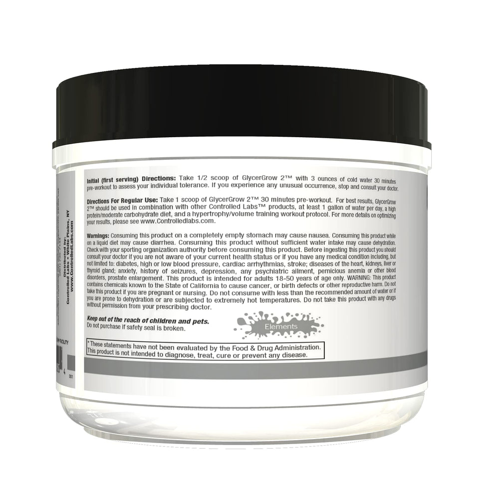 Controlled Labs GlycerGrow preworkout bottle with glass illustrating training readiness.
