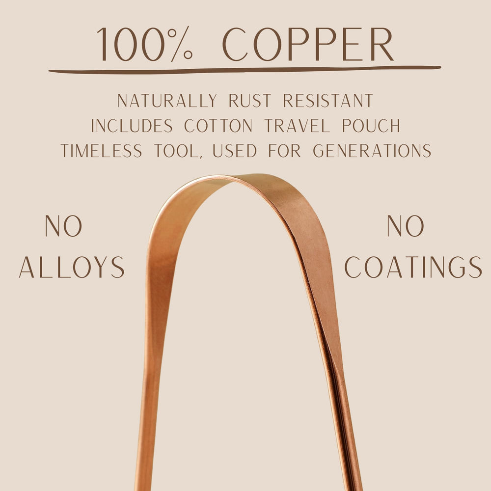 Close-up of 100% copper tongue cleaner with natural patina