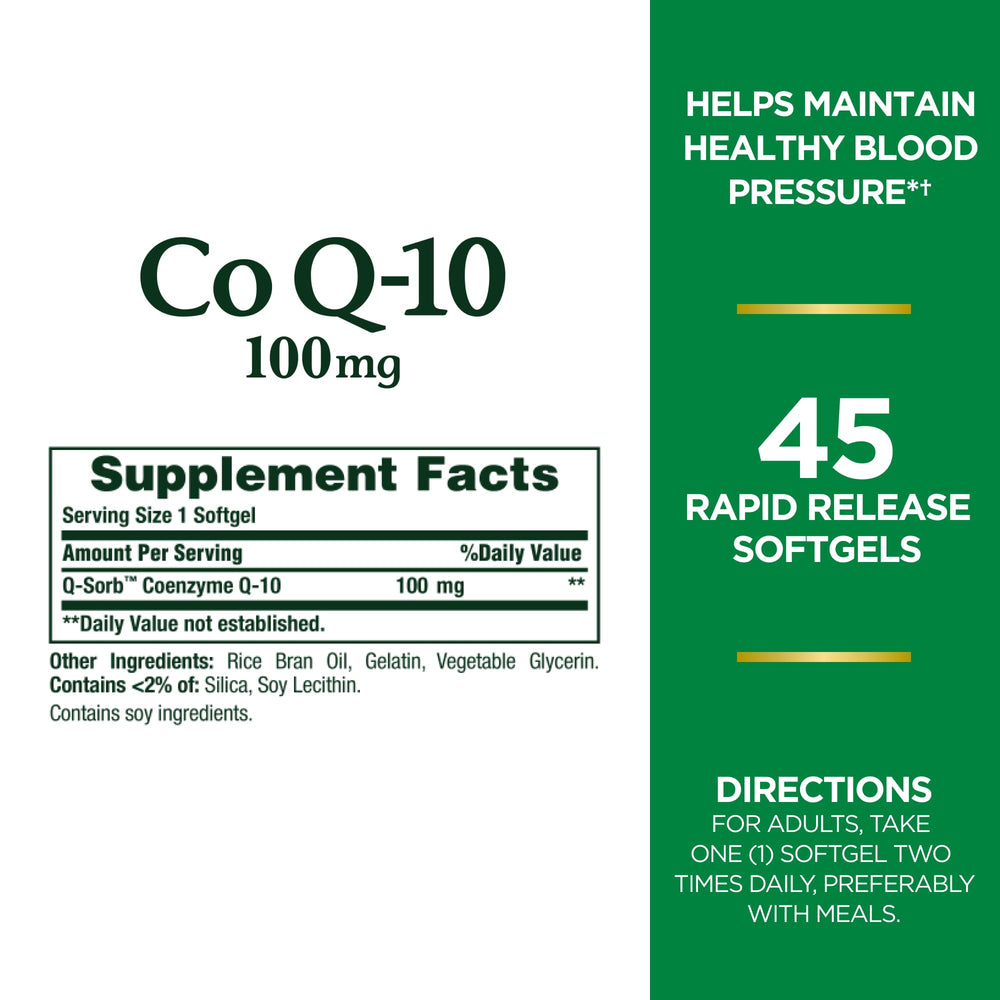 CoQ-10 100mg softgels packaging highlighting heart health benefits
