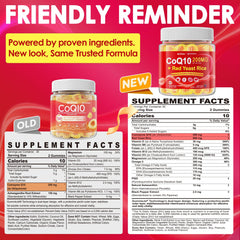 Close-up of CoQ10 Gummies bottle showing 200mg CoQ10 and ingredients