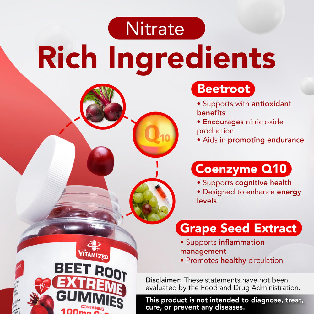 Close-up of COQ10 gummies with beetroot blend