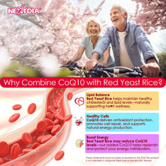 Close-up of ingredients: CoQ10, Red Yeast Rice, B vitamins and Omega-3