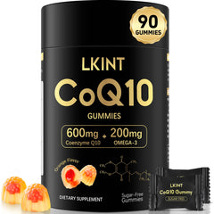 Front view of orange-flavored CoQ10 Gummies bottle, 90-count
