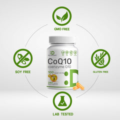 Front label displaying CoQ10 100mg and Omega-3 DHA/EPA