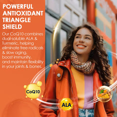 Close-up of CoQ10 softgel with ALA and Turmeric