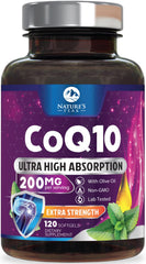 Front view of CoQ10 softgels bottle with 120-count