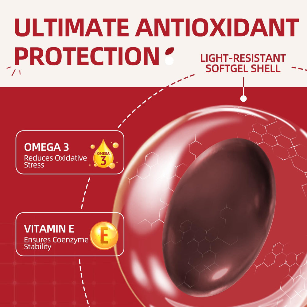 Fresh-sealed bottle of CoQ10 softgels with tamper-evident packaging