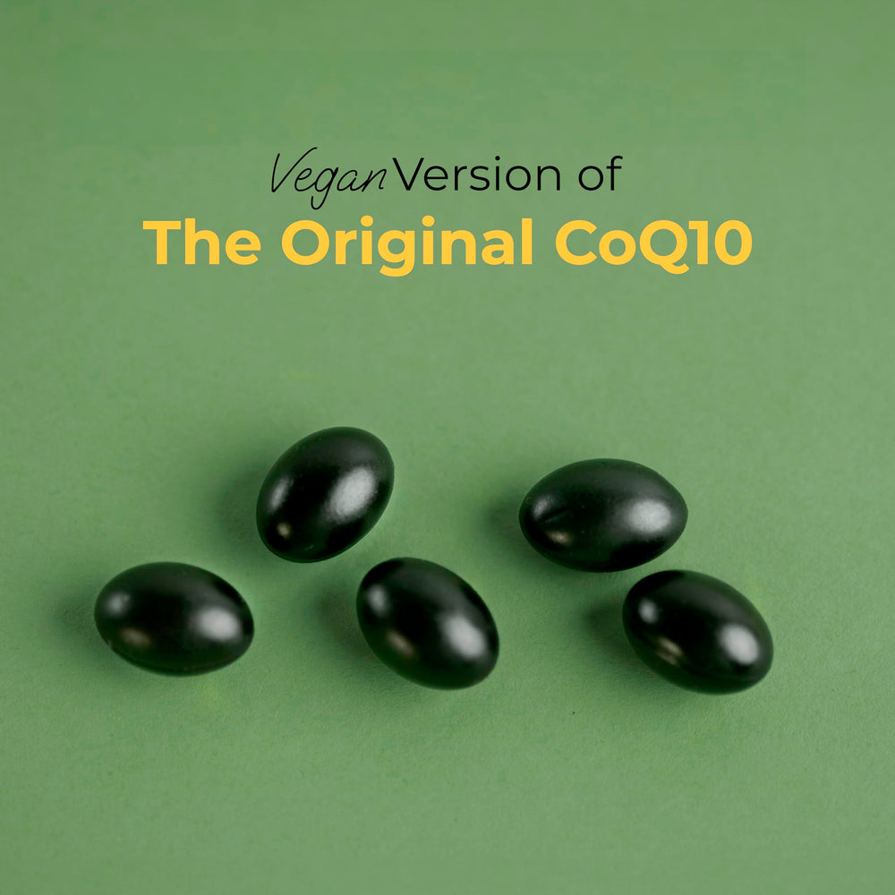 Bottle showing high absorption formula for CoQ10 vegan supplement