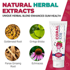 Close-up of Coral White Kids Bubble Berry toothpaste tube