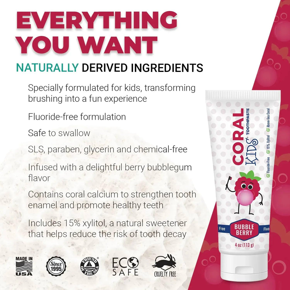 Product packaging for Coral White Kids Bubble Berry Fluoride Free Toothpaste 4 oz