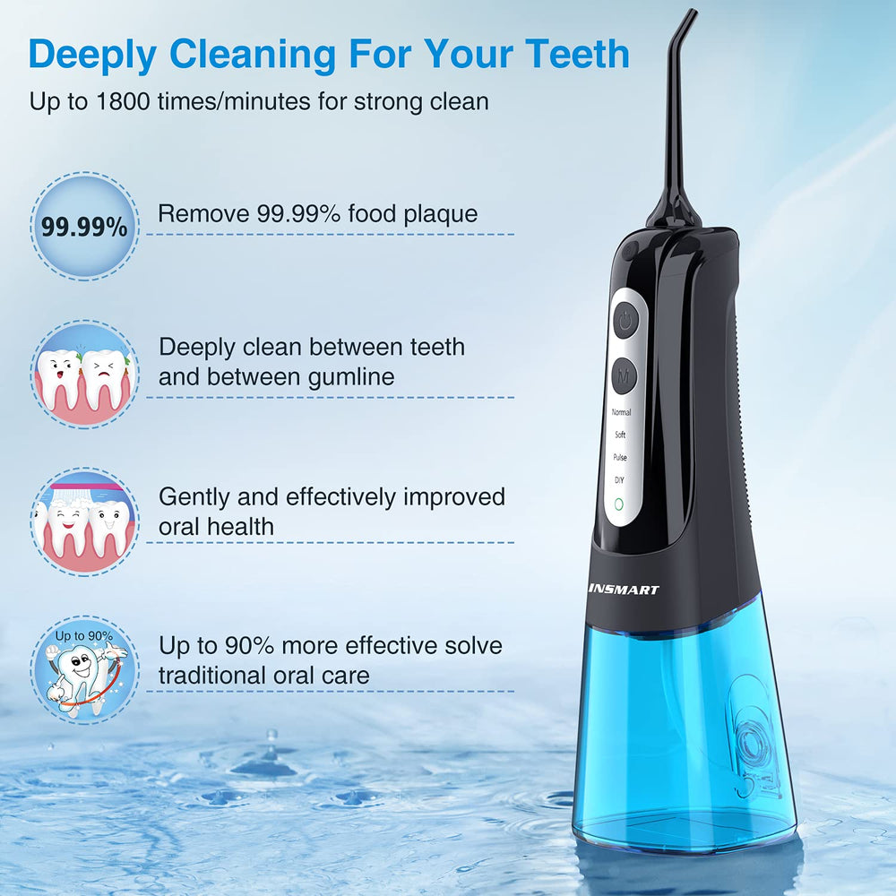 Detachable 300ml water tank of INSMART cordless flosser in blue