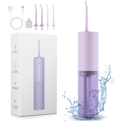 Purple cordless water flosser for travel in compact form