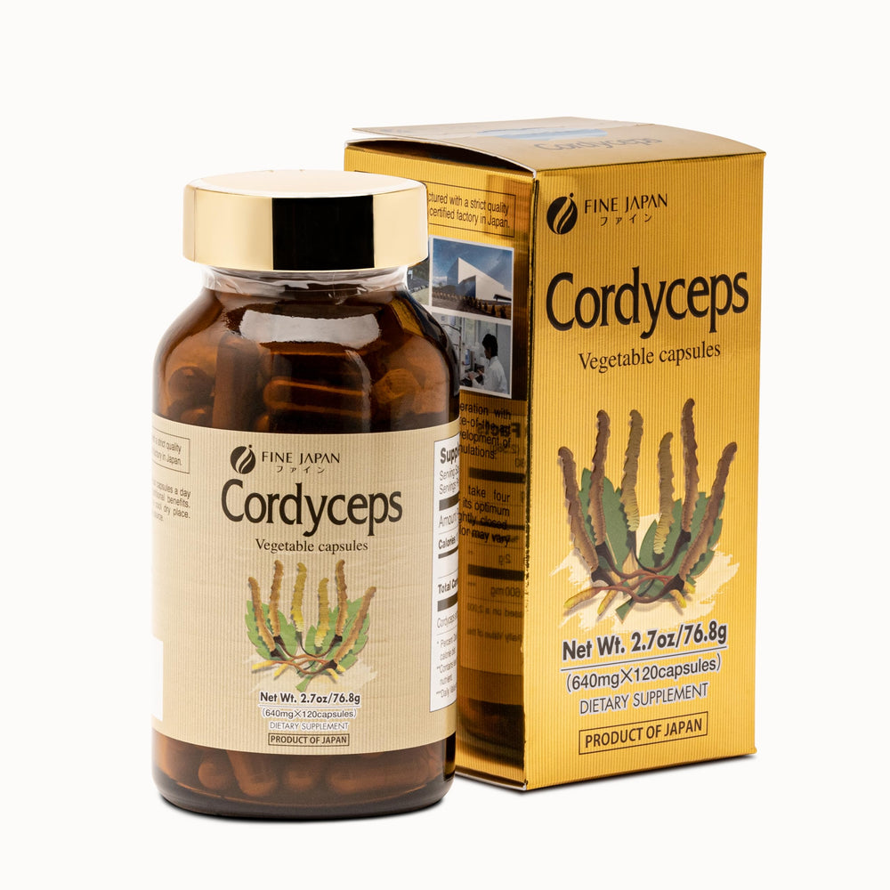 Bottle of FINE JAPAN Cordyceps capsules with packaging