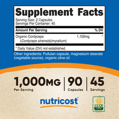Cordyceps mushroom capsules showing 550mg per capsule