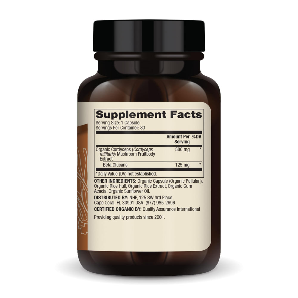 Bottle side view of Dr. Mercola Cordyceps supplement with capsules