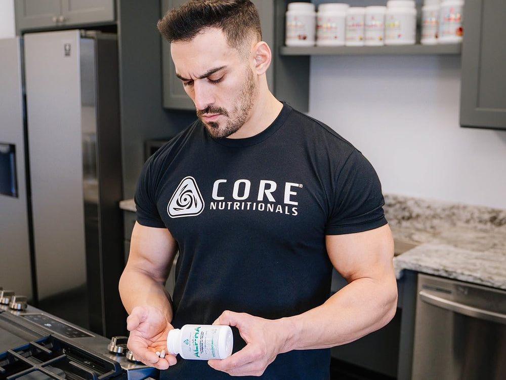 Core Nutritionals Alpha bottle on shelf — premium, US-made hormone support for fitness goals.
