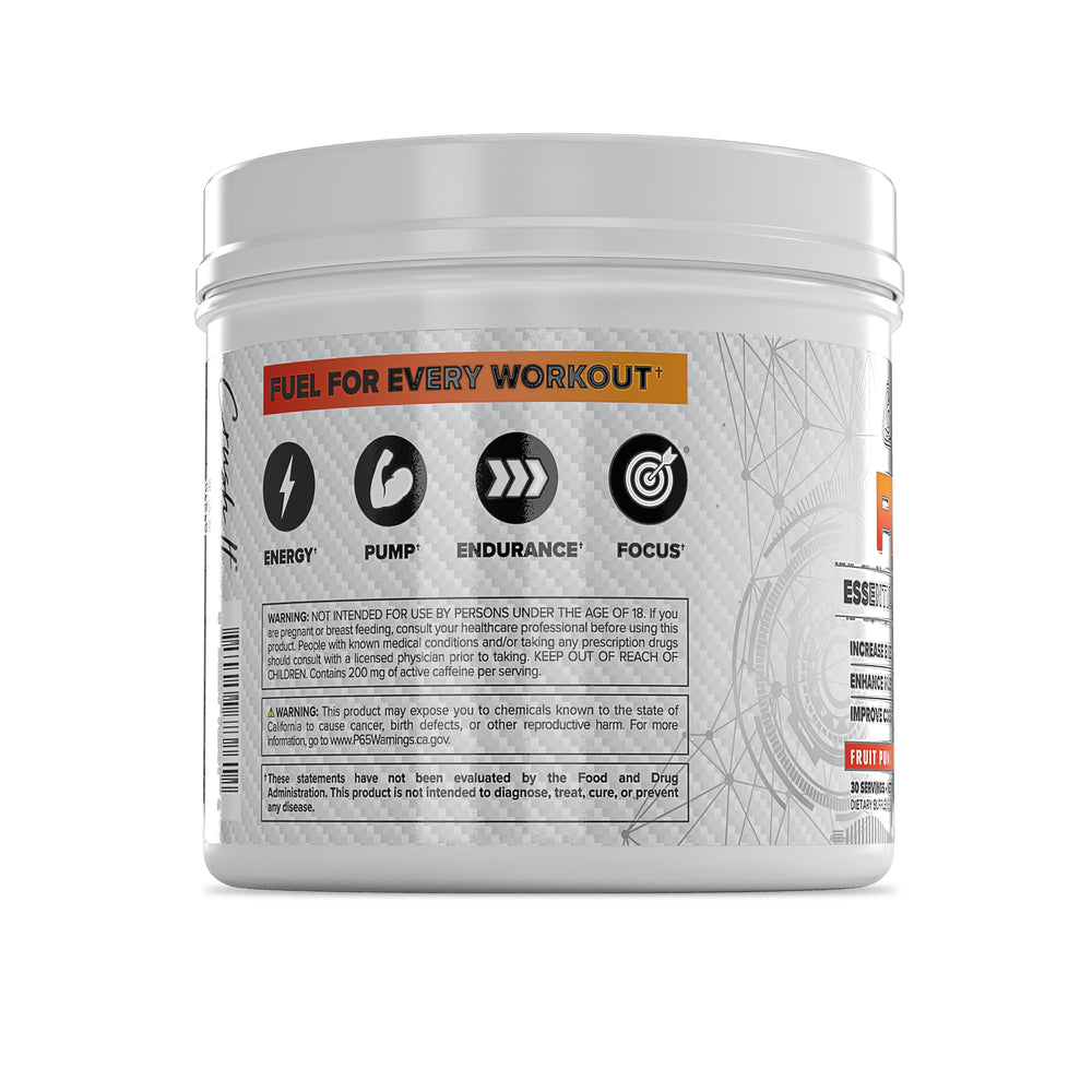 Core Nutritionals Essential Pre Workout scoop and label emphasizing focus and performance.