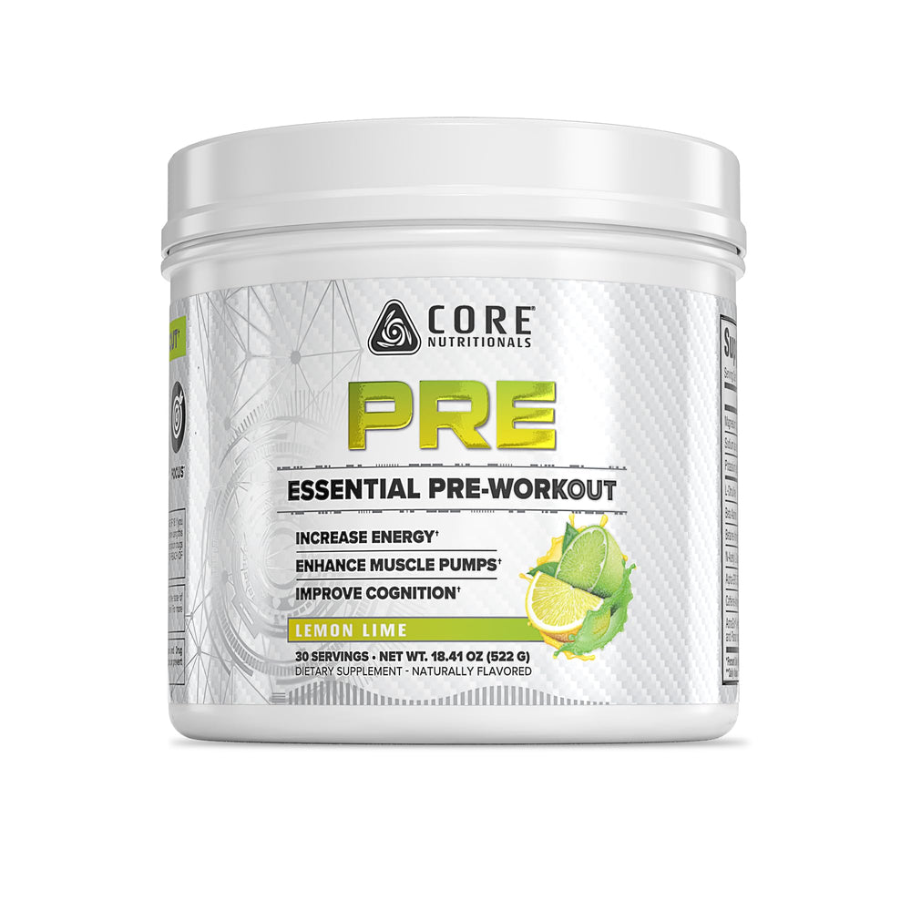 Core Nutritionals Essential Pre Workout lemon lime bottle ready for a clean caffeine boost during workouts.