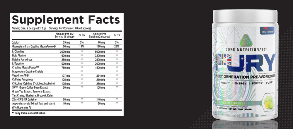 Core Nutritionals Fury Platinum green apple candy scoop promotes precise serving.
