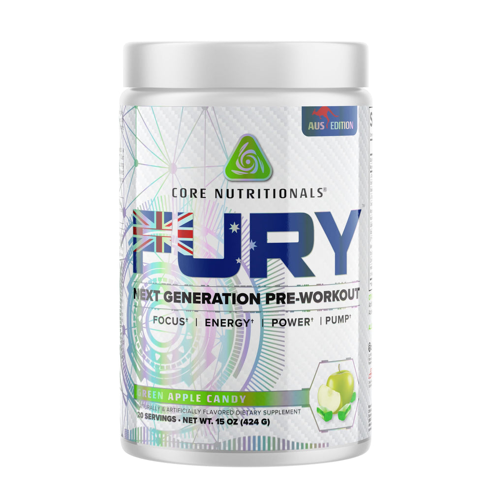 Core Nutritionals Fury Platinum green apple candy tub boosts pre-workout energy.
