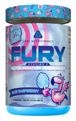 Core Nutritionals Fury V2 blue raspberry tub shows energizing pre-workout formula.