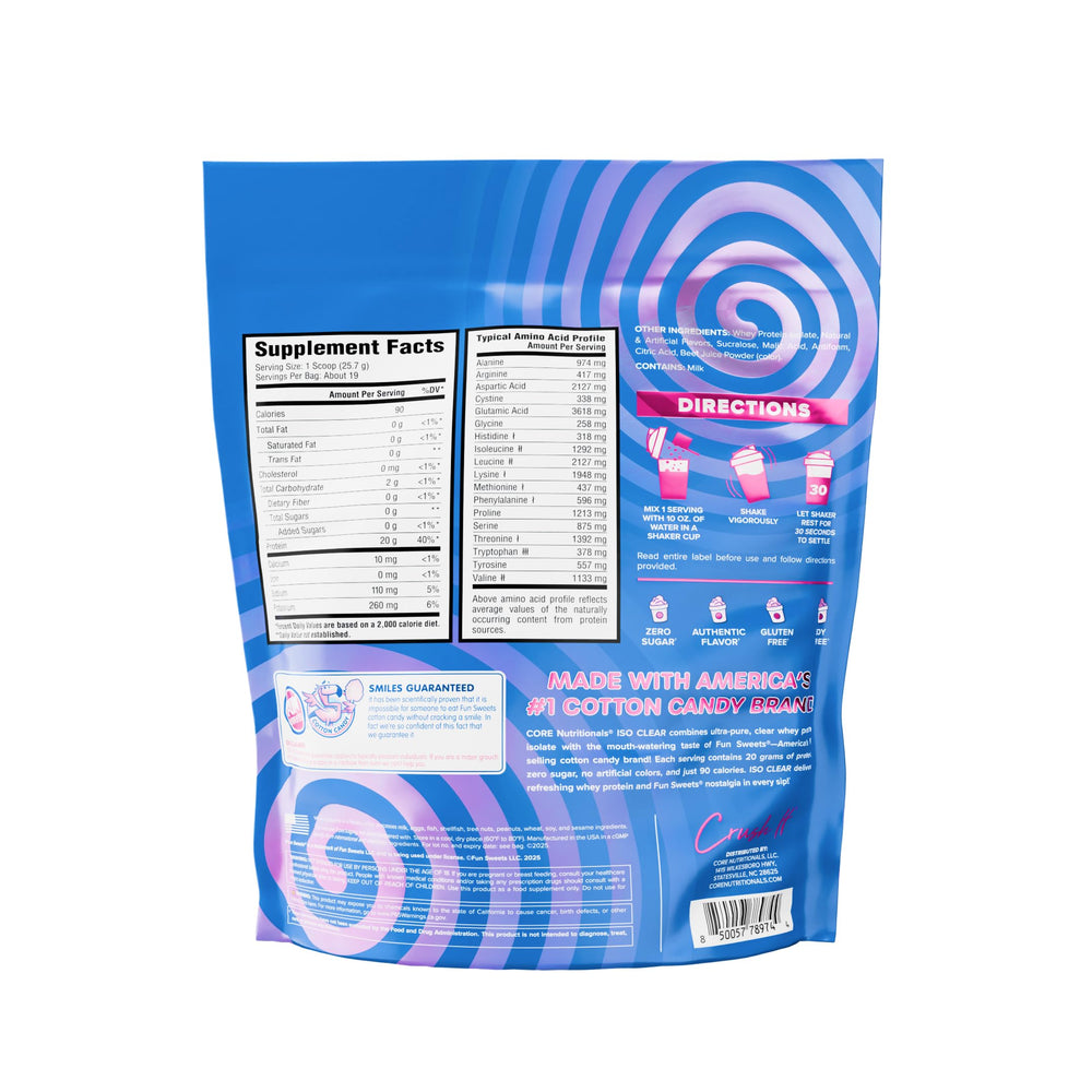 Core Nutritionals Iso Clear glass pour highlights lactose-free, easy-digest protein
