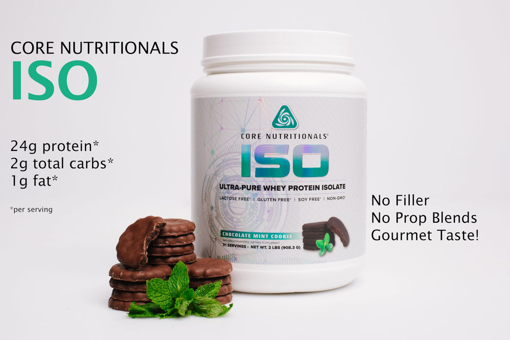 Core Nutritionals Iso Whey Chocolate Mint Cookie glass showcases a creamy flavor ideal for recovery