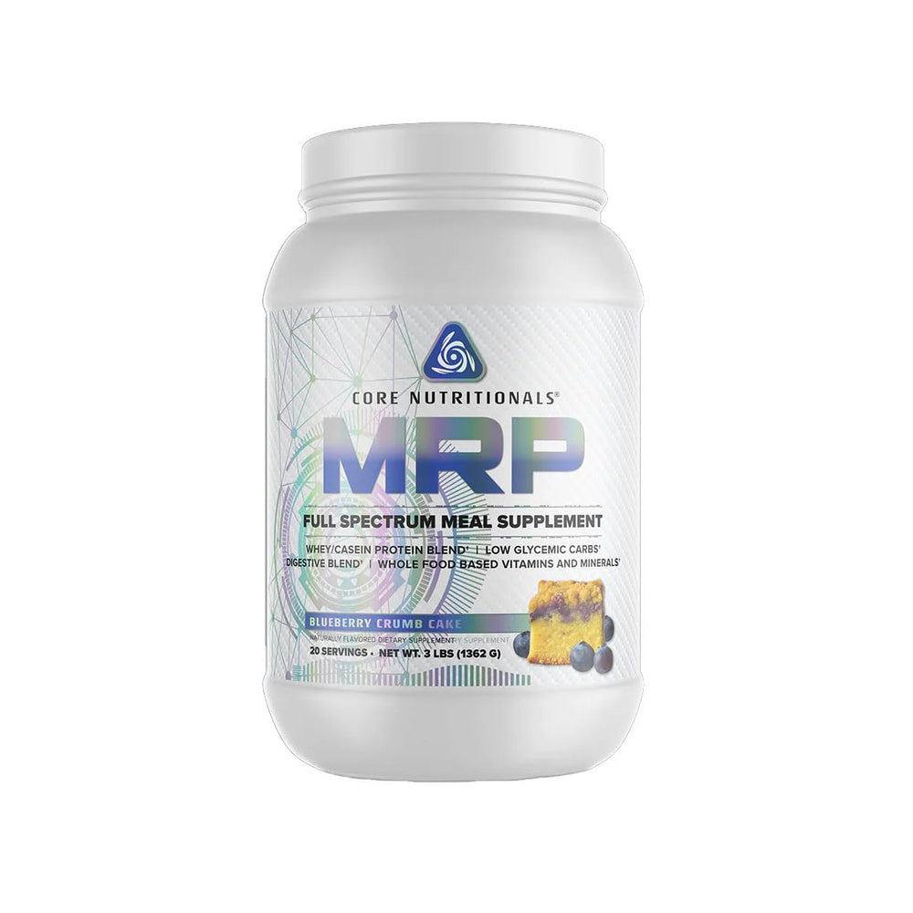 Core Nutritionals MRP blueberry crumble tub showing premium meal replacement for sustained energy.