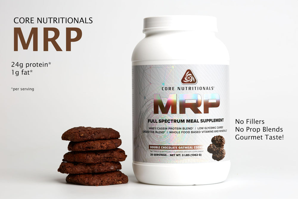 Core Nutritionals MRP powder scoop closeup for protein-packed shakes.