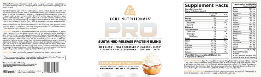 Serving scoop of Core Nutritionals Pro Sustained Release Protein Blend in Frosted Vanilla Cupcake flavor