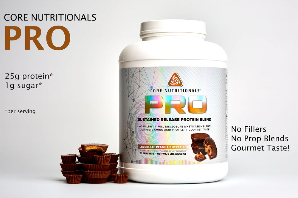 Core Nutritionals Pro Sustained Release whey label showcases digestive enzymes for improved absorption.