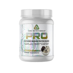Core Nutritionals Pro Sustained Release cookie-cream tub shows label for post-workout recovery