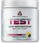 Core Nutritionals TEST vitality bottle shows multi-pathway support for daily vitality and focus.