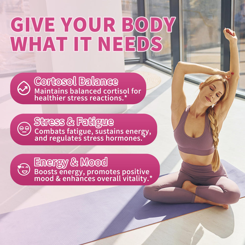 Ingredients panel featuring Ashwagandha and Rhodiola Rosea