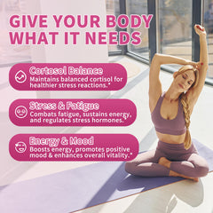 Ingredients panel featuring Ashwagandha and Rhodiola Rosea